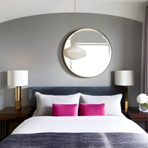 round mirror above bed