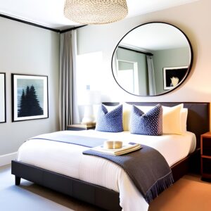 round mirror above bed