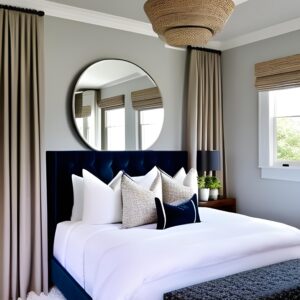 round mirror above bed