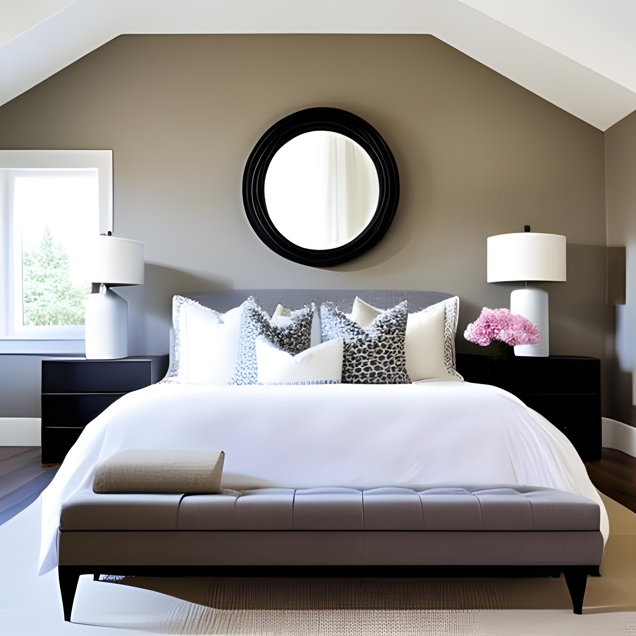 round mirror above bed